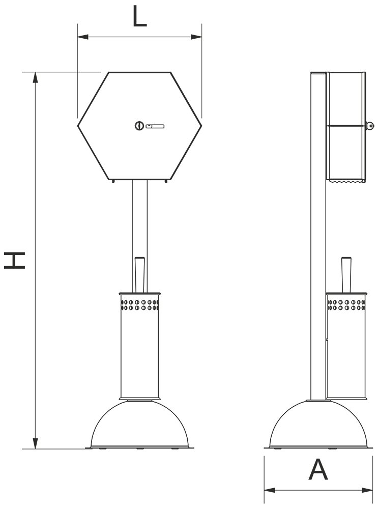 Dibujo técnico: Estación de higiene para WC con dispensador de papel y escobillero inox Fricosmos