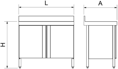 Dibujo técnico: Fregadero inox con puertas abatibles serie 500 1 cubeta 1 escurridor derecha Fricosmos 1000x500 mm