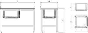 Dibujo técnico: Fregadero inox con soporte con entrepaño serie 500 1 cubeta 1 escurridor derecha faldón parcial Fricosmos 1000x500 mm