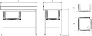 Dibujo técnico: Fregadero inox con soporte con entrepaño serie 500 1 cubeta Fricosmos 450x450 mm