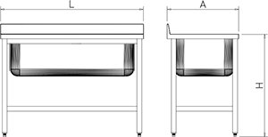 Dibujo técnico: Fregadero inox con soporte con entrepaño serie 600 1 cubeta gran capacidad faldón completo Fricosmos 1200x600 mm
