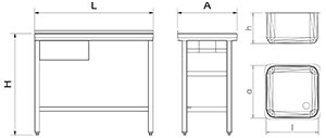 Dibujo técnico: Fregadero inox con soporte sin entrepaño serie 550 1 cubeta 1 escurridor derecha faldón parcial Fricosmos 1000x550 mm