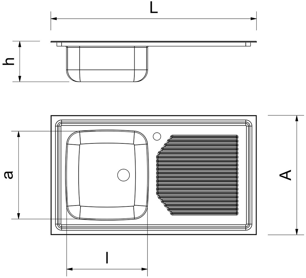 Dibujo técnico: Fregadero inox para acoplar a mueble serie 600 1 cubeta 1 escurridor derecha Fricosmos 1300x600 mm