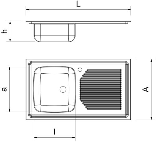 Dibujo técnico: Fregadero inox para acoplar a mueble serie 600 2 cubetas 1 escurridor derecha Fricosmos 2000x600 mm