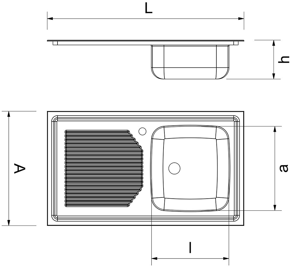 Dibujo técnico: Fregadero inox para acoplar a mueble serie 600 2 cubetas 1 escurridor izquierda Fricosmos 1600x600 mm