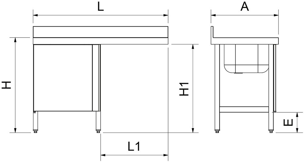 Dibujo técnico: Fregadero para lavavajillas con puerta 1 cubeta escurridor derecha 1200x600 mm Fricosmos 1200x600 mm