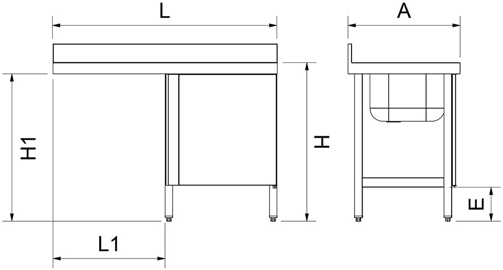 Dibujo técnico: Fregadero para lavavajillas con puerta 1 cubeta escurridor izquierda 1200x600 mm Fricosmos 1200x600 mm