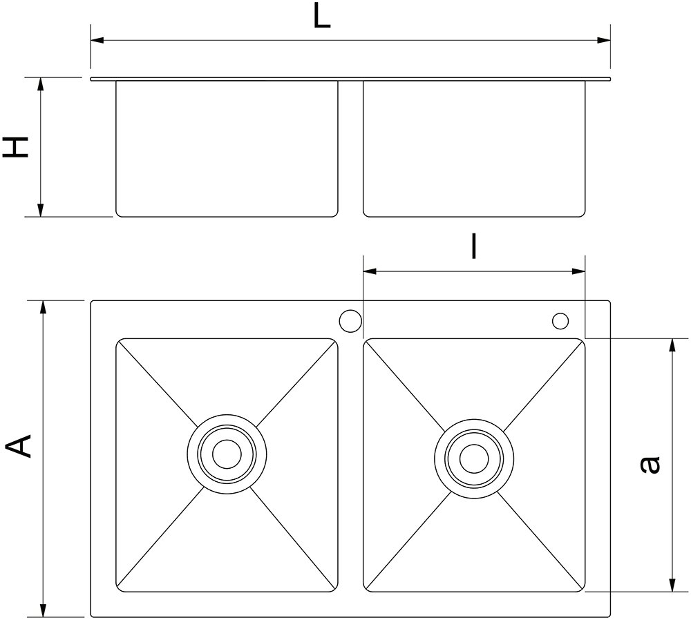 Dibujo técnico: Fregadero Serie Urban 2 cubetas 820x450x220 mm Fricosmos