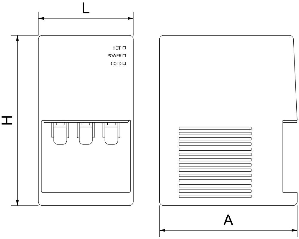 Dibujo técnico: Fuente de sobremesa compacta de agua fría, caliente y ambiente Fricosmos