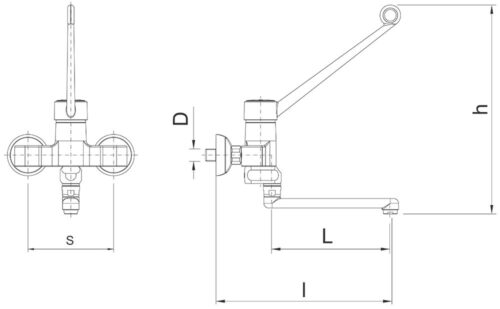 Dibujo técnico: Grifo mural doble entrada a codo caño bajo Serie Monoblock Fricosmos