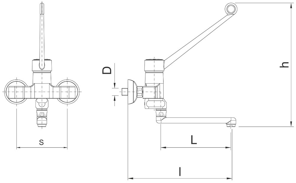 Dibujo técnico: Grifo mural doble entrada a codo caño bajo Serie Monoblock Fricosmos