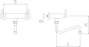 Dibujo técnico: Grifo mural dos aguas 1/4 de vuelta caño bajo Fricosmos