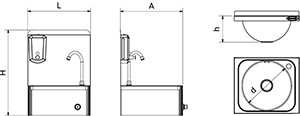 Dibujo técnico: Lavamanos inox mural de rodilla modelo RC esquinas redondas Fricosmos