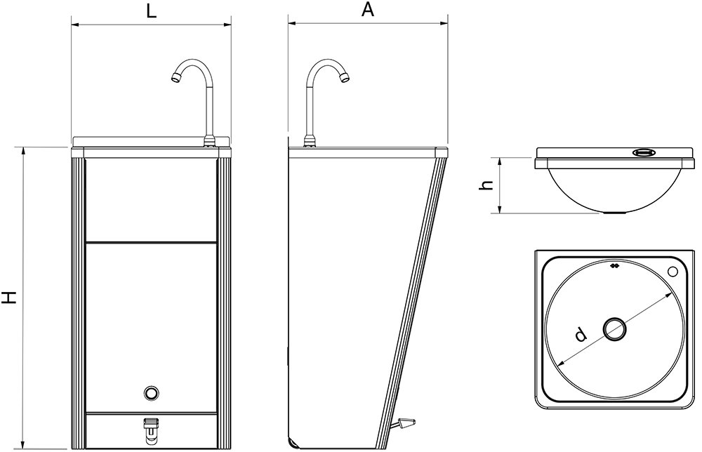 Dibujo técnico: Lavamanos inox portátil autónomo de gran caudal Fricosmos