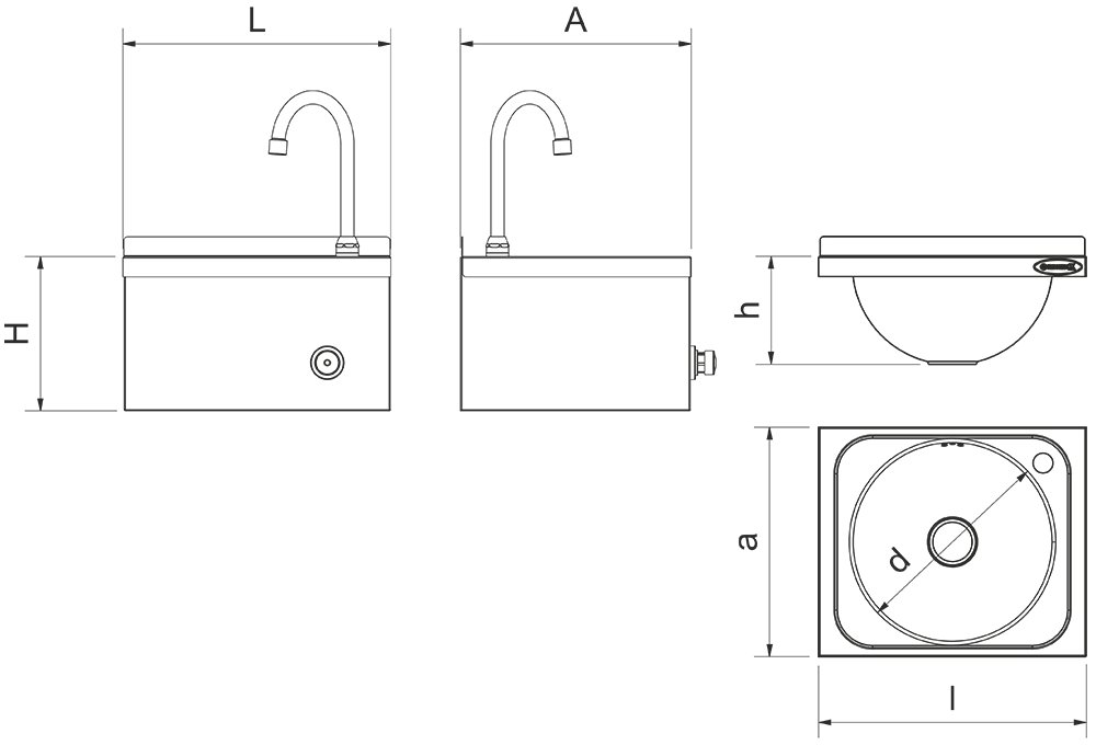 Dibujo técnico: Lavamanos mural de rodilla Serie XS agua fría y caliente Fricosmos