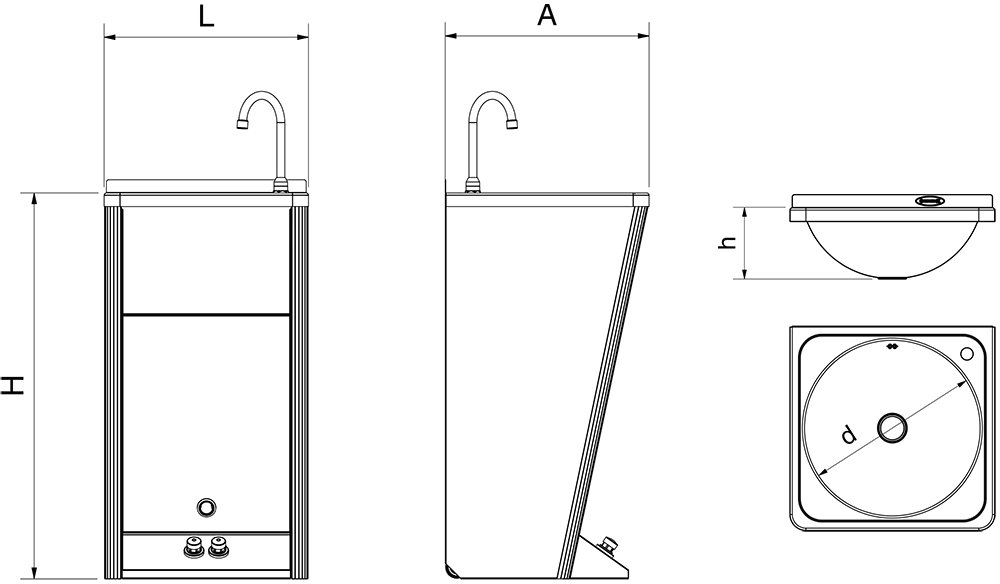 Dibujo técnico: Lavamanos portátil autónomo automático de doble pulsador agua fría y caliente Fricosmos