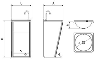 Dibujo técnico: Lavamanos registrable autónomo eléctrico con batería un pulsador agua fría Fricosmos