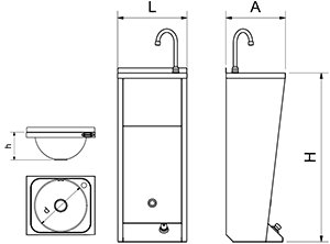 Dibujo técnico: Lavamanos registrable con pedestal un pulsador Serie XS agua fría y caliente Fricosmos