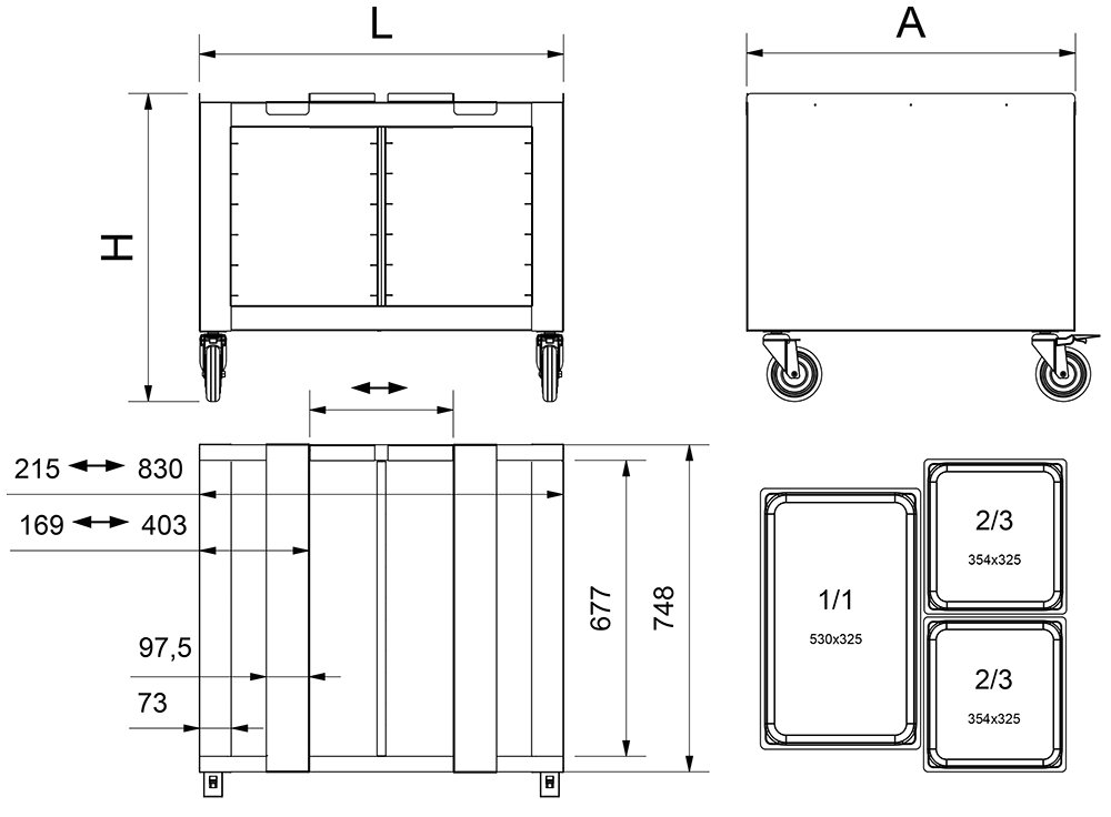 Dibujo técnico: Mesa bastidor para horno Fricosmos 832x750x700 mm
