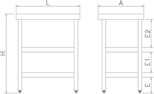 Dibujo técnico: Mesa central con 2 entrepaños especial cortadoras de fiambre Fricosmos 705x505x855 mm