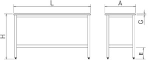 Dibujo técnico: Mesa central con entrepaño y encimera de polietileno rojo Fricosmos 1500x500x870 mm