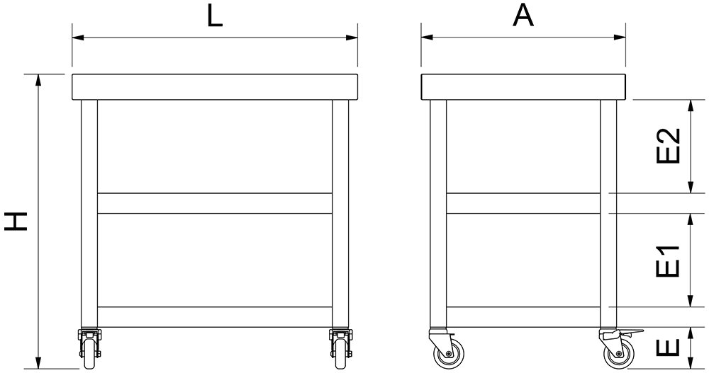 Dibujo técnico: Mesa central con ruedas y 2 entrepaños Fricosmos 705x505x730 mm