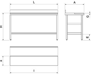 Dibujo técnico: Mesa de preparación mural con entrepaño roja Fricosmos 2000x600x850 mm