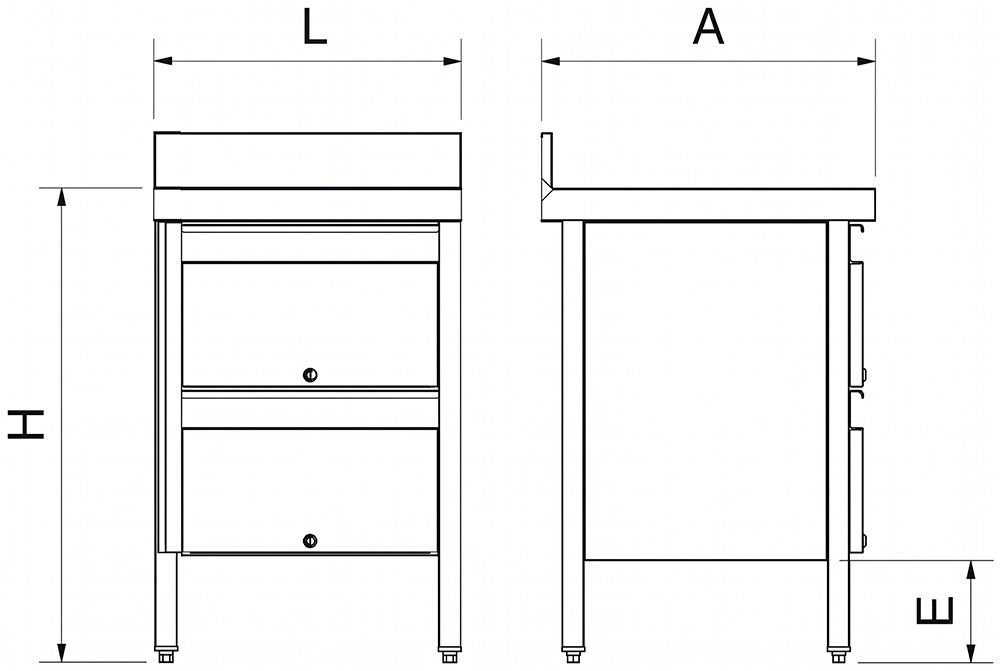 Dibujo técnico: Mesa de trabajo de acero inoxidable con 2 cajones y peto posterior Fricosmos 600x600x850 mm