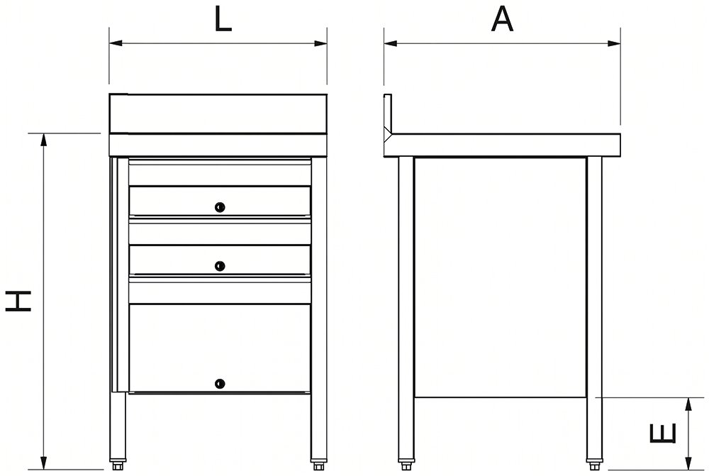 Dibujo técnico: Mesa de trabajo de acero inoxidable con 3 cajones y peto posterior Fricosmos 600x700x850 mm