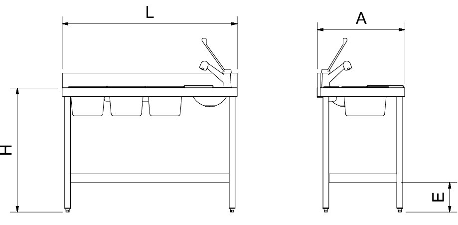 Dibujo técnico: Mesa especial barman inox con grifo y cubetas Fricosmos