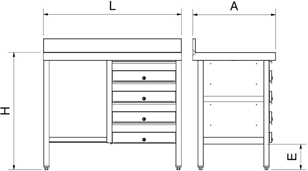 Dibujo técnico: Mesa mural con 3 cajones derecha en acero inoxidable Fricosmos 1500x500x850 mm