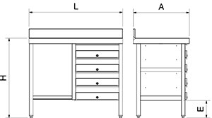 Dibujo técnico: Mesa mural inox con 4 cajones derecha Fricosmos 1000x500x850 mm