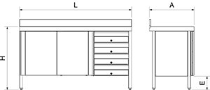 Dibujo técnico: Mesa mural inox con puertas y cajones derecha Fricosmos 2000x600x850 mm