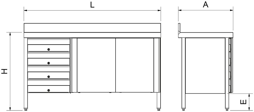Dibujo técnico: Mesa mural inox con puertas y cajones izquierda Fricosmos 2000x600x850 mm