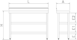 Dibujo técnico: Mesa mural inox sotabanco con entrepaños Fricosmos 1000x400x850 mm