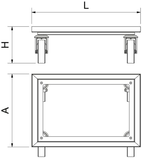 Dibujo técnico: Plataforma rodante de acero inoxidable Euronorm 600x400 Fricosmos