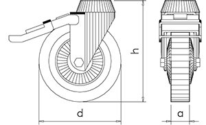 Dibujo técnico: Rueda inox con rodadura de nylon y freno Fricosmos