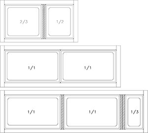 Dibujo técnico: Soporte porta cubetas Gastronorm de sobremesa y mural Fricosmos 740x390x275 mm
