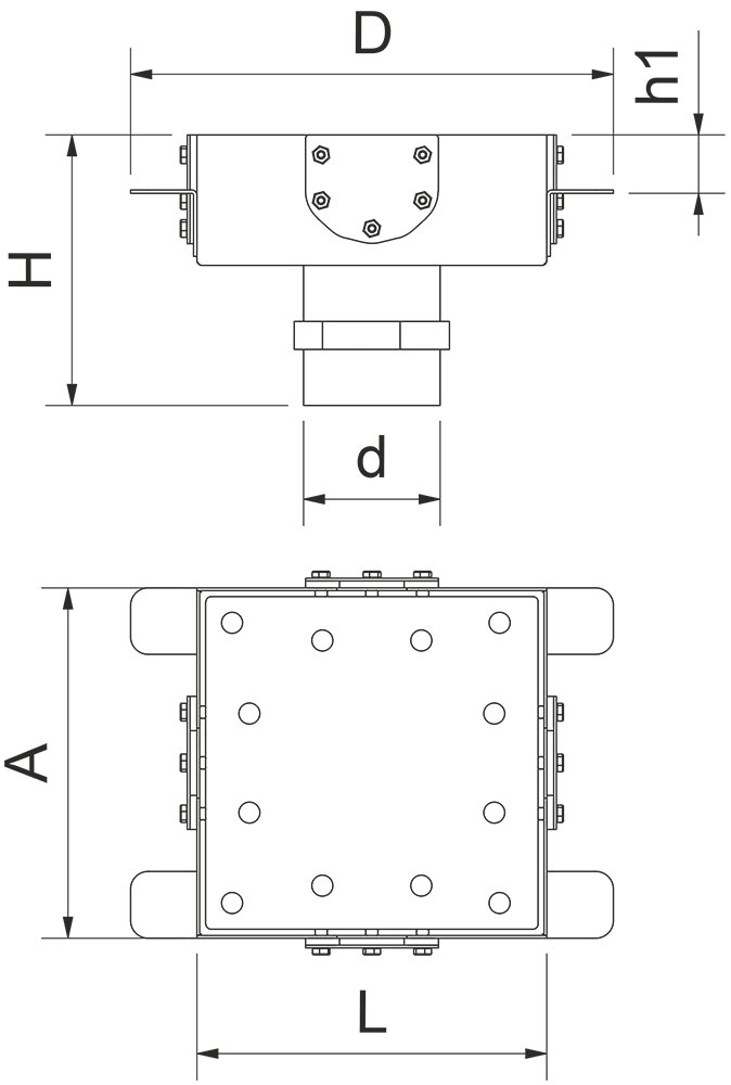 Dibujo técnico: Sumidero para canal modular ranurado salida vertical convertible a horizontal 200x200 mm Fricosmos