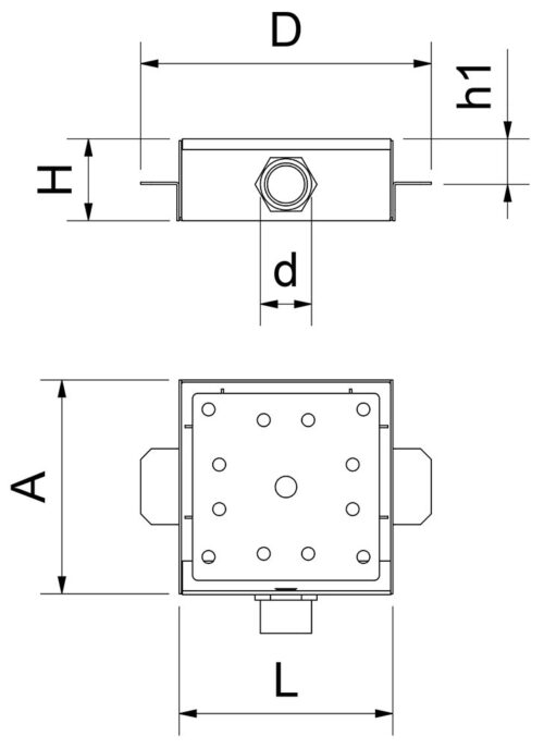 Dibujo técnico: Sumidero sifónico con cestillo salida horizontal en acero inoxidable Fricosmos 150x150 mm