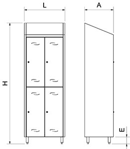Dibujo técnico: Taquilla mediana inox 4 puertas con 8 perchas Fricosmos