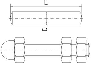 Dibujo técnico: Tornillo pasante inox con tuerca y contratuerca rosca métrica Fricosmos 200 mm