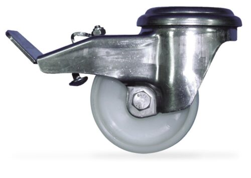 Rueda inox con rodadura de nylon y freno Fricosmos
