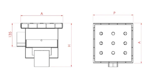Dimension drawing of the stainless steel floor drain with bottom outlet: width A, depth P and height H