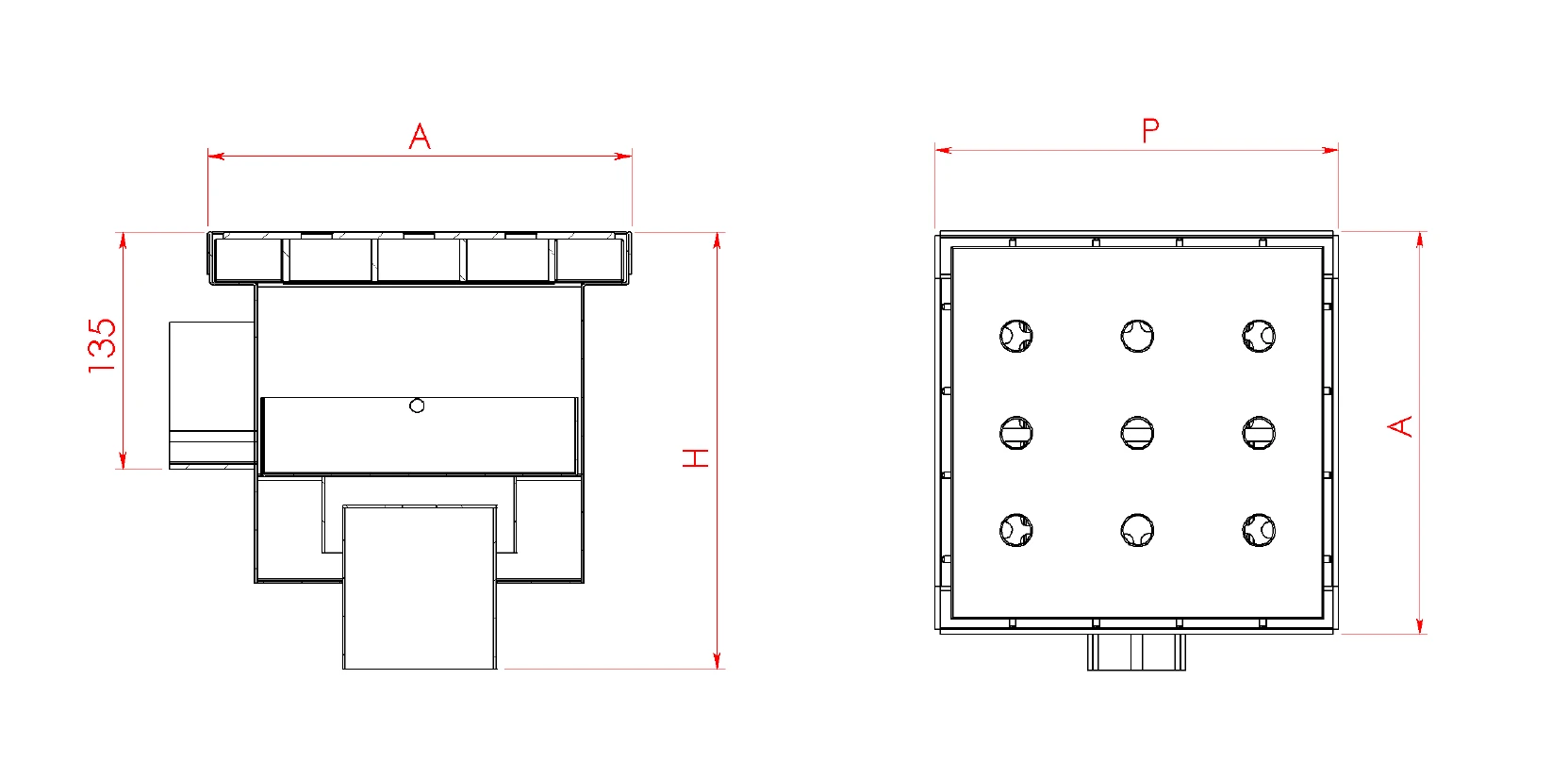 Dimension drawing of the stainless steel floor drain with bottom outlet: width A, depth P and height H