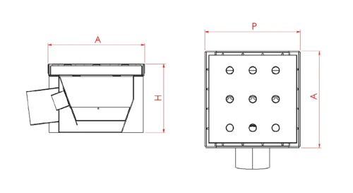 Dimension drawing of the stainless steel floor drain with side outlet: width A, depth P and height H