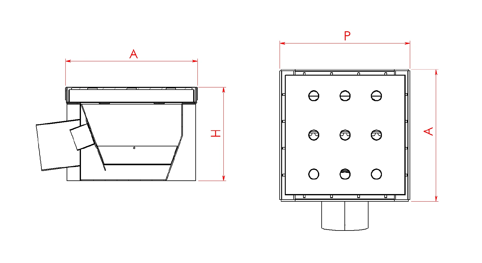 Dimension drawing of the stainless steel floor drain with side outlet: width A, depth P and height H