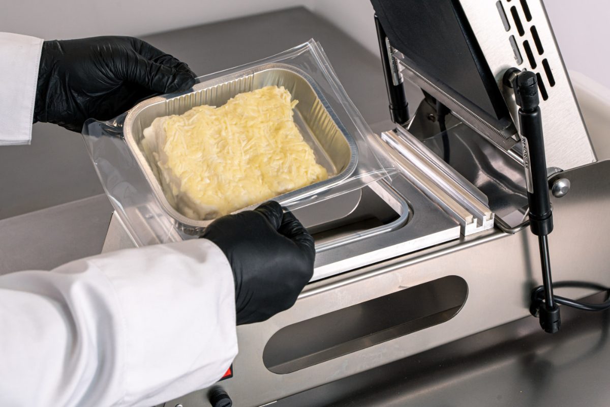 Tray sealed with film on the RP-RA150 tray sealer