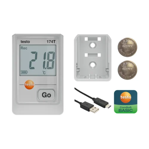 testo 174 T con soporte de pared y cable USB-C · testo 174 T with wall bracket and USB-C cable