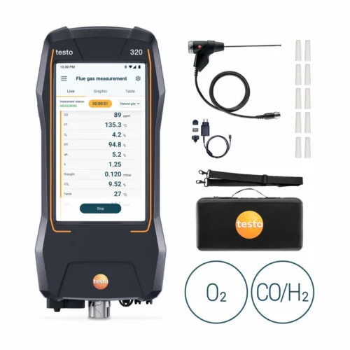 Set testo 320 con bolsa y sonda de combustión · testo 320 set with bag and flue gas probe